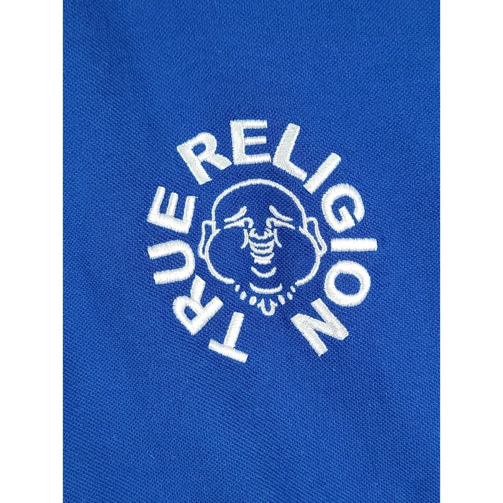 True Religion Polo Shirt Mens Large Blue Embroidered Rugby Relaxed Fit NWT $80